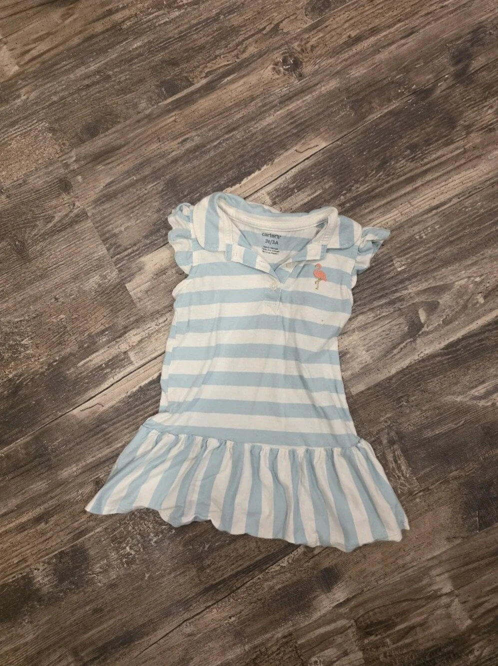 Carter's Blue & White Striped Ruffle Dress with Flamingo Embroidery